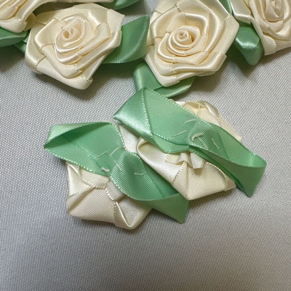 Handmade 2" Satin Rose w/leaf For Sewing Crafting Applique Fabric Roses - Picture 3 of 5